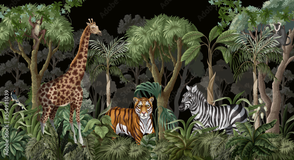 Obraz premium Jungle landscape with wild animals for kids. Vector.