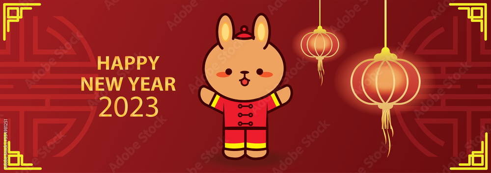 artoon kawaii rabbit against the red background with traditional chinese decorative shapes with hanging glowing red paper lanterns. Chinese new year banner design.