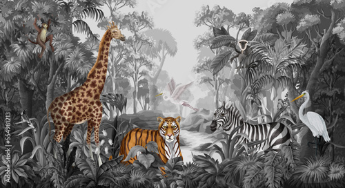 Monochrome jungle landscape with wild animals for kids. Vector.