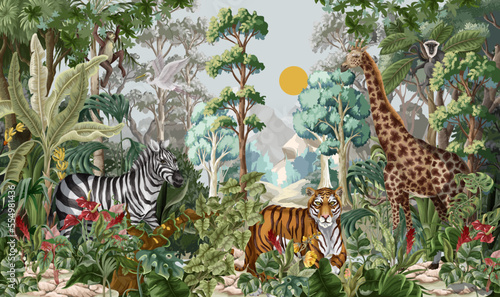 Jungle landscape with wild animals for kids. Vector.