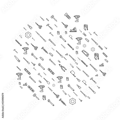 Tools and equipment concept in circle with clean and simple icons, Infographic idea of making creative products. Template for website banner, flyer and poster.