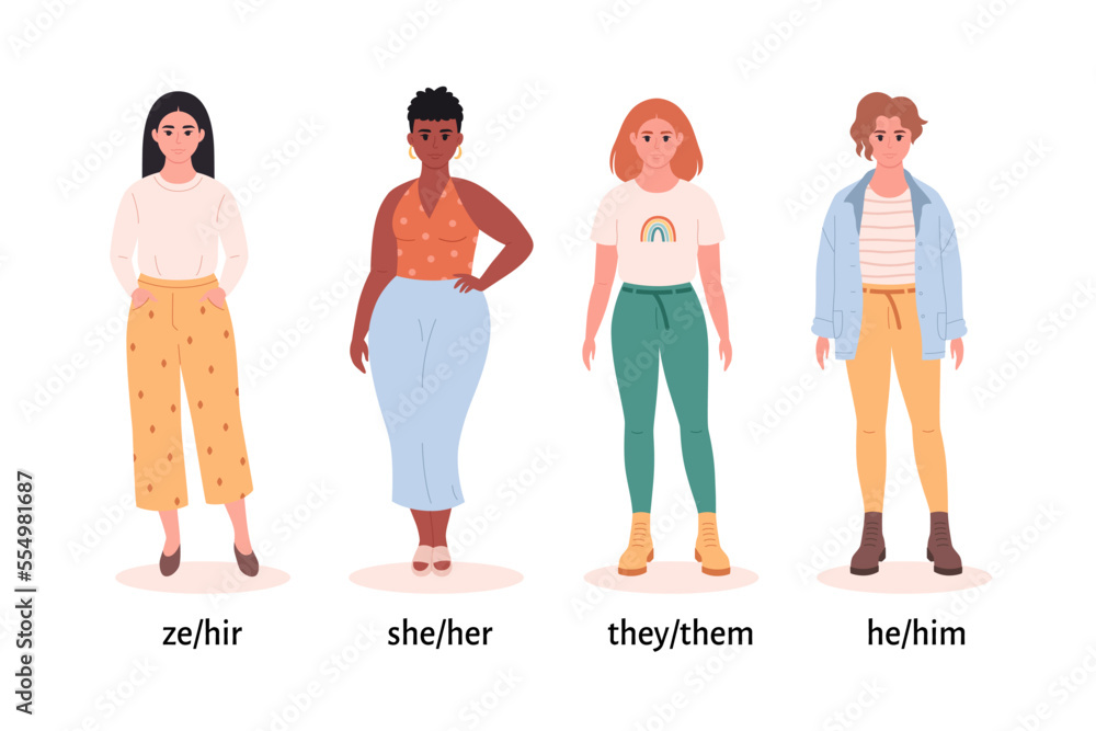 Women with gender pronouns. She, he, they, ze, nonbinary. Gender