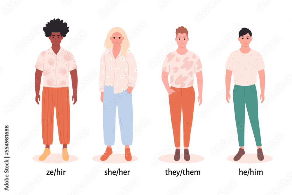 Vetor de Men with gender pronouns. She, he, they, ze, nonbinary