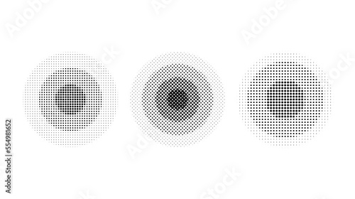 Halftone concentric circles set. Comic texture rings collection. Dotted round collection. Radial design elements. Epicentre, target, radar concept. Abstract background.