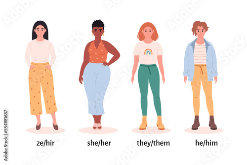 Women with gender pronouns. She, he, they, ze, non-binary. Gender-neutral movement. LGBTQ community. Hand drawn vector illustration