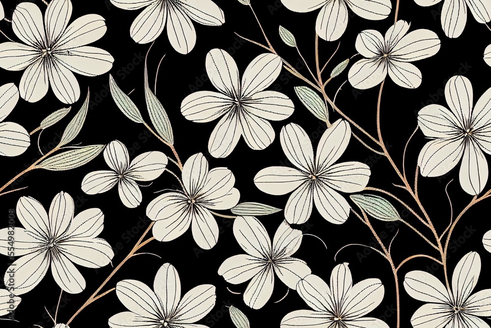 Wildflowers that grow in Australia. Black pattern that repeats seamlessly. a botanical drawing. Generative AI Wildflowers that grow in Australia. Black pattern that repeats seamlessly. a botanical drawing. Generative AI