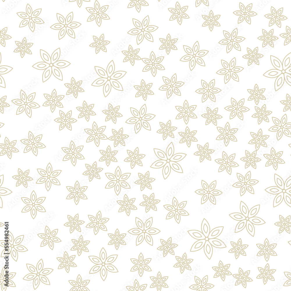 Seamless pattern of contour gold snowflakes on a white background. Chaotic falling snowflakes. Light simple winter pattern. Vector illustration Seamless pattern of contour gold snowflakes on a white background. Chaotic falling snowflakes. Light simple winter pattern. Vector illustration