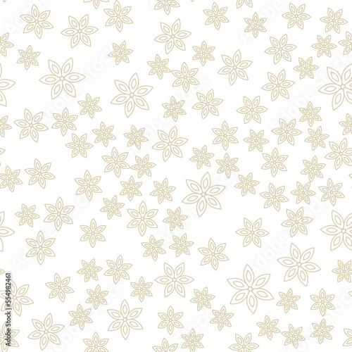 Seamless pattern of contour gold snowflakes on a white background. Chaotic falling snowflakes. Light simple winter pattern. Vector illustration