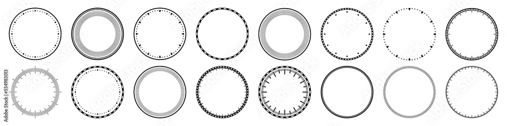 Mechanical clock faces, bezel. Watch dial with minute and hour marks. Timer or stopwatch element. Blank measuring circle scale with divisions. Vector illustration. Mechanical clock faces, bezel. Watch dial with minute and hour marks. Timer or stopwatch element. Blank measuring circle scale with divisions. Vector illustration.