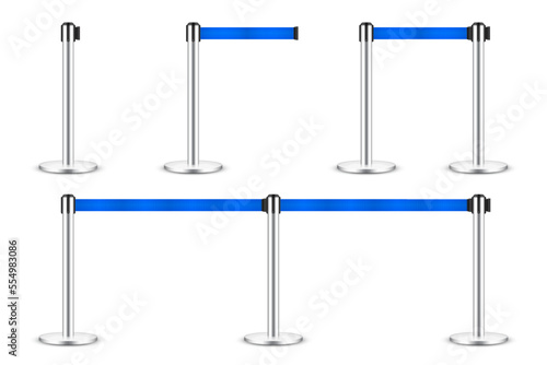 Realistic blue retractable belt stanchion. Crowd control barrier posts with caution strap. Queue lines. Restriction border and danger tape. Attention, warning sign. Vector illustration