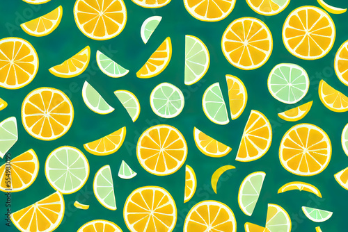 Wallpaper Mural Seamless pattern of citrus fruits, perfect for use in food packaging, kitchen decor, and textiles. The poster has an outline design of limes, lemons, and oranges. Generative AI Torontodigital.ca