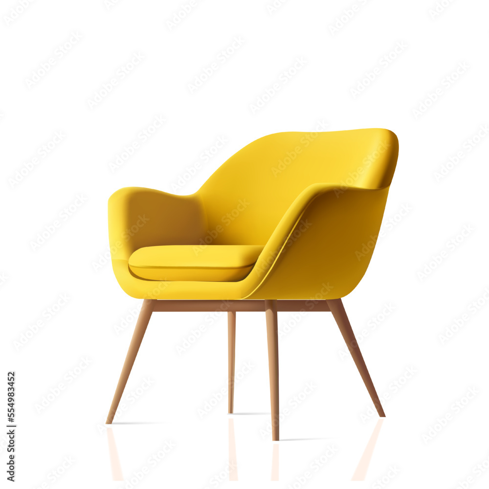 Vector realistic yellow armchair 3d render. Cozy comfortable office