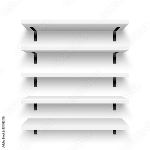 Realistic white store shelves with wall mount. Empty product shelf, grocery wall rack. Mall and supermarket furniture, bookshelf. Modern interior design element, room decoration. Vector illustration