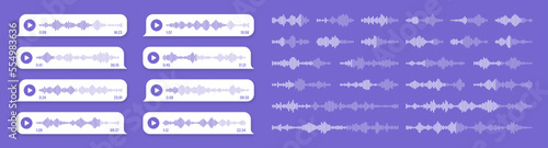Voice, audio message, violet speech bubble. SMS text frame. Social media chat or messaging app conversation. Voice assistant, recorder. Sound wave pattern. Vector illustration