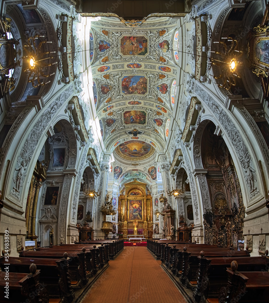 Vertical panorama of interior of Dominican Church in Vienna, Austria. Also known as the Church of St. Maria Rotunda, it was built in 1631-1634 in early Baroque style.
