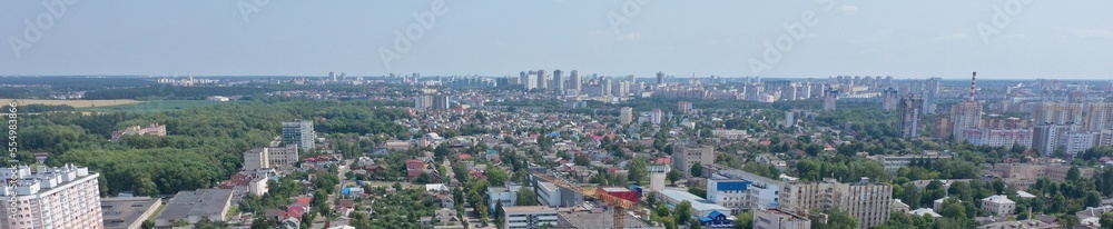 Panorama of Minsk in summer. Drone filming the center of Minsk. View from above on the capital of Belarus. Capital city in Eastern Europe. Architecture of Eastern Europe.