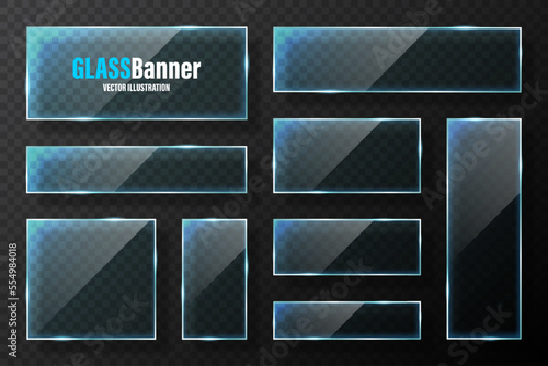 Realistic glass frames collection. Blue transparent glass banners with flares and highlights. Glossy acrylic plate, element with light reflection and place for text. Vector illustration