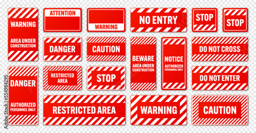 Various white and red warning signs with diagonal lines. Attention, danger or caution sign, construction site signage. Realistic notice signboard, warning banner, road shield. Vector illustration