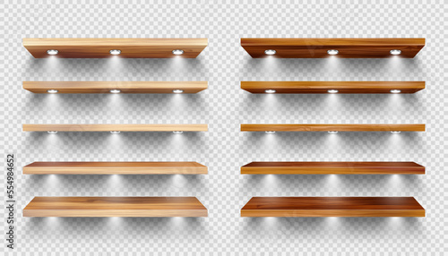 Realistic wooden store shelves with lighting, spotlights. Empty product shelf, grocery wall rack. Mall and supermarket furniture, bookshelf. Modern interior design element. Vector illustration
