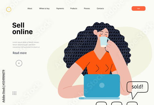 Sell online - Online shopping and electronic commerce series - modern flat vector concept illustration of a woman selling online with a laptop. Promotion, discounts, sale and online orders concept