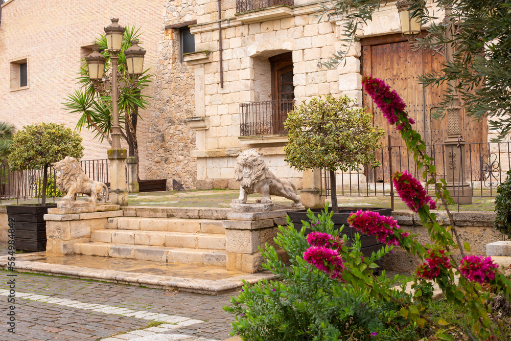 The staircase of the winery is decorated with lion figures, an ancient stone building with a wooden door, beautiful street lanterns in a Spanish city