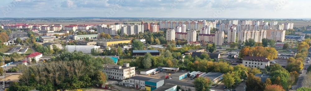 Molodechno, Belarus - 05.11.2022: View from a height of the new quarters of the city of Molodechno. Molodechno from above. Microdistrict No. 11 