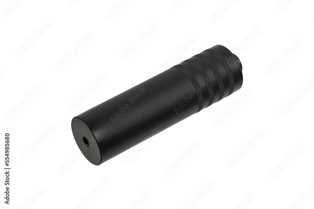 Black silencer for weapons. Suppressor that is at the end of an assault rifle. Isolate on a white back. Black silencer for weapons. Suppressor that is at the end of an assault rifle. Isolate on a white back.