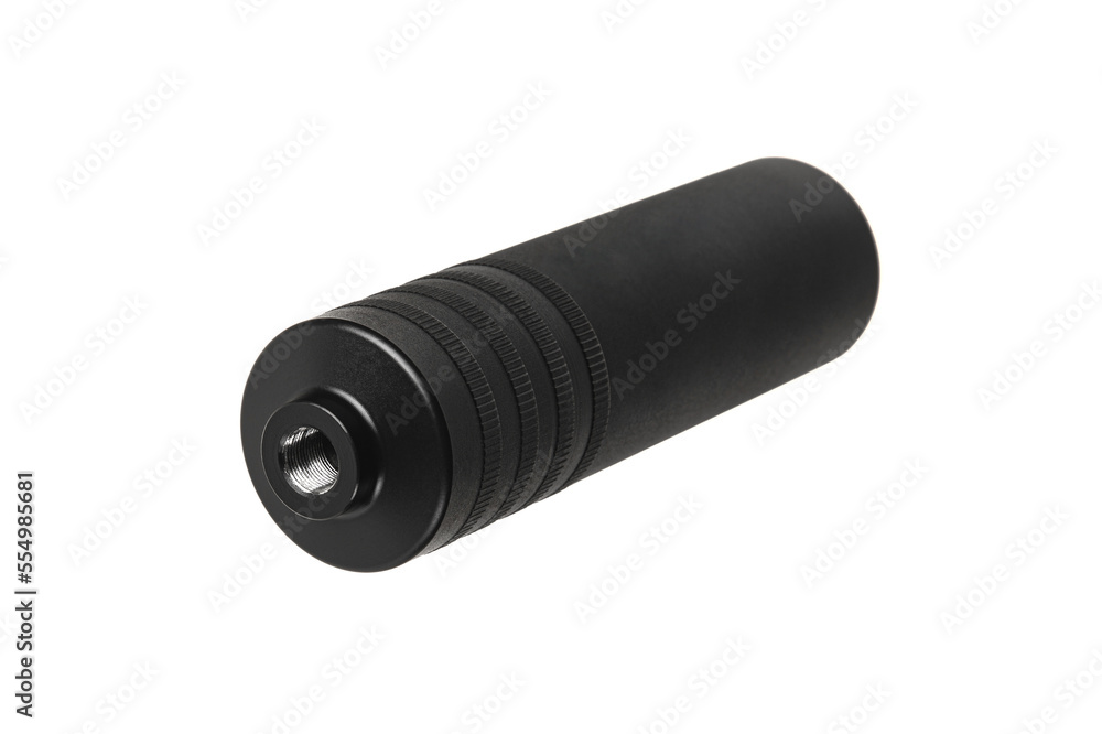 Black silencer for weapons. Suppressor that is at the end of an assault rifle. Isolate on a white back. Black silencer for weapons. Suppressor that is at the end of an assault rifle. Isolate on a white back.