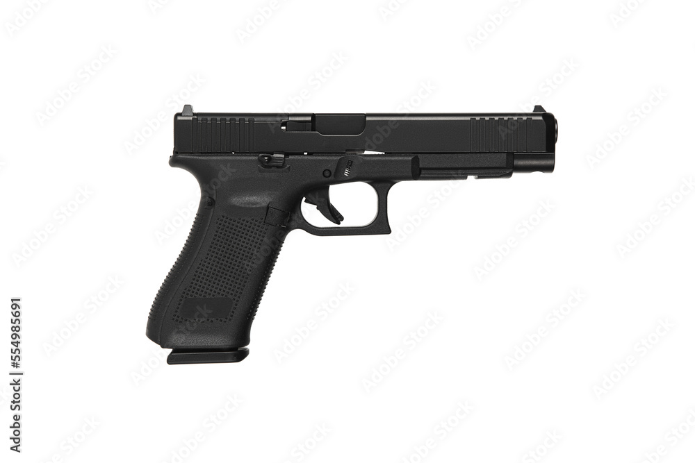 Modern semi-automatic pistol. A short-barreled 9mm caliber weapon for self-defense. Arming the police, special units and the army. Isolate on a white back.