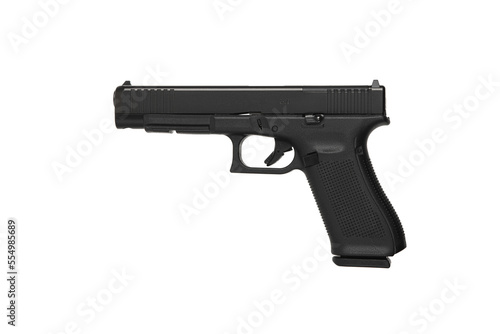 Modern semi-automatic pistol. A short-barreled 9mm caliber weapon for self-defense. Arming the police, special units and the army. Isolate on a white back.