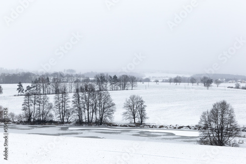 Panorama of misty winter landscape.