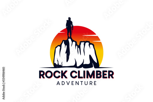 Rock climber adventure logo design, rock climbing logo vector illustration