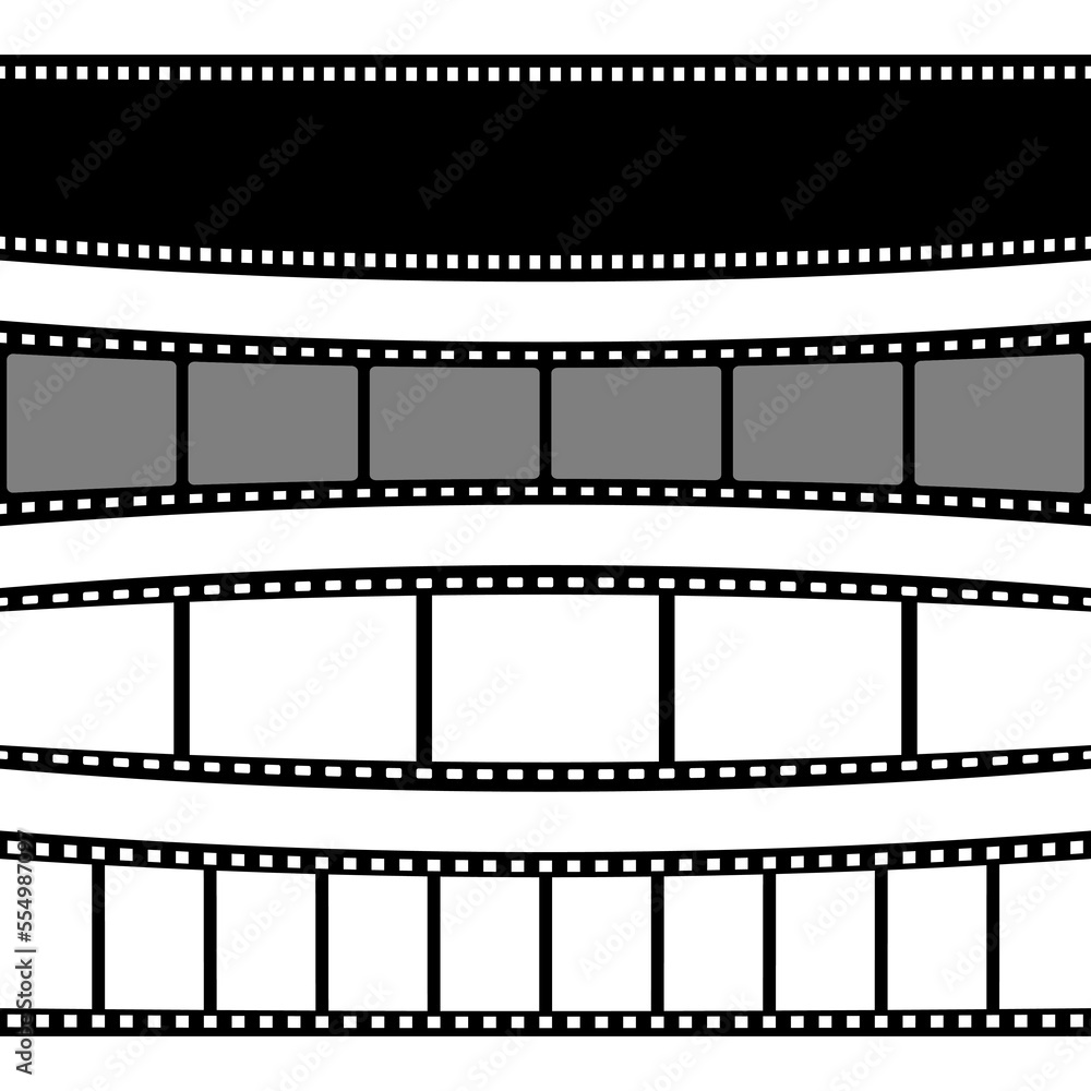 Curved film strips collection. Old retro cinema movie strip. Analog video recording equipment. Vector illustration Curved film strips collection. Old retro cinema movie strip. Analog video recording equipment. Vector illustration