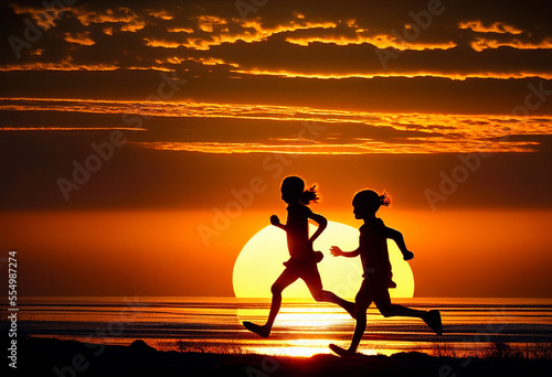 Silhouette of people running against backdrop of sunset