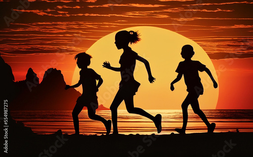 Silhouette of people running against backdrop of sunset