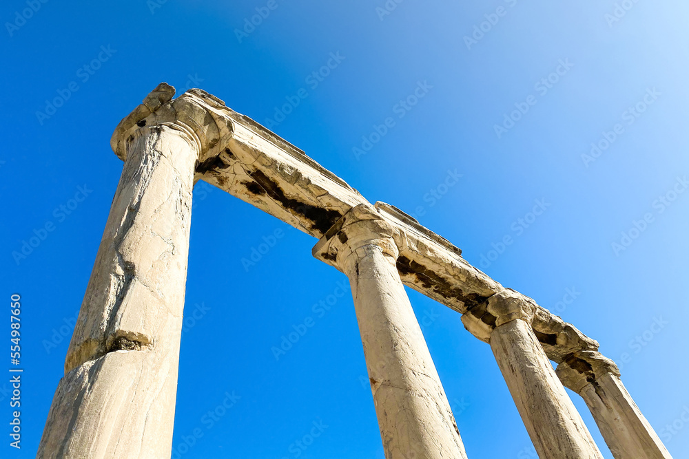 Detailed view of the architecture  of the west facade of the Library of Hadrian, Athens