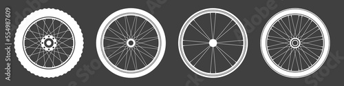 Black bicycle wheel symbols collection. Bike rubber tyre silhouettes. Fitness cycle, road and mountain bike. Vector illustration.