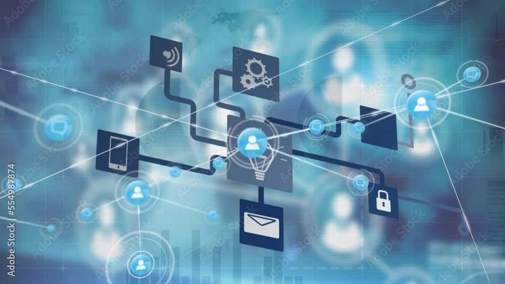 Animation of network of digital icons over statistical data processing against blue background Animation of network of digital icons over statistical data processing against blue background