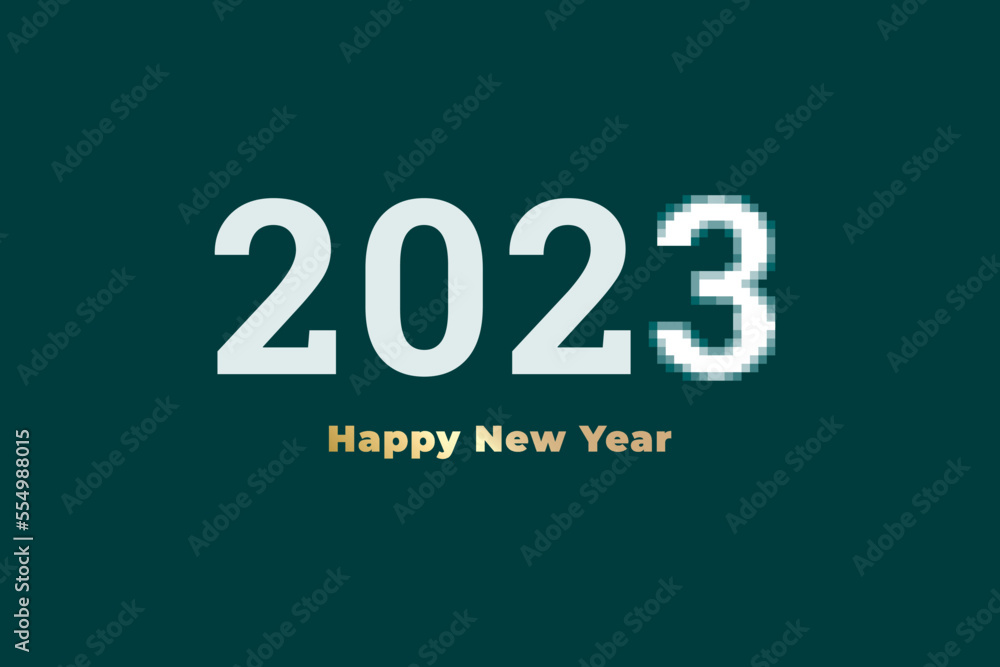 2023 Happy New Year Pixel Style Inverted Concept with Numerals Logo and Lettering Where Number Three Appears Pixelized - Gold and White on Turquoise Background - Mixed Graphic Design 2023 Happy New Year Pixel Style Inverted Concept with Numerals Logo and Lettering Where Number Three Appears Pixelized - Gold and White on Turquoise Background - Mixed Graphic Design