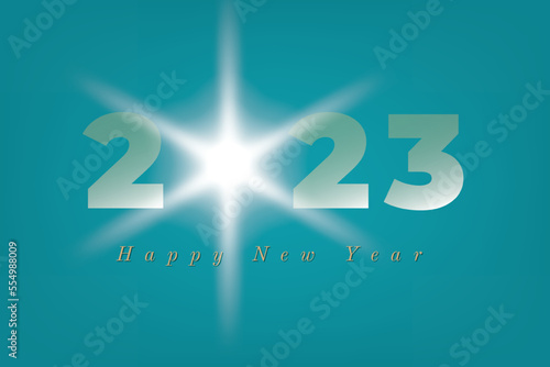2023 Happy New Year White Light Sunburst Concept with Numerals Logo and Lettering Where Zero Replaced with Shining Sun - White on Turquoise Background - Mixed Graphic Design