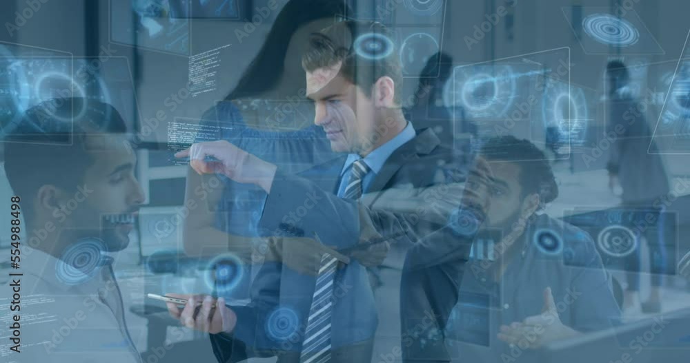 Animation of scopes and data processing over business people working in office Animation of scopes and data processing over business people working in office