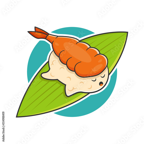 adorable shrimp sushi character on a leaf