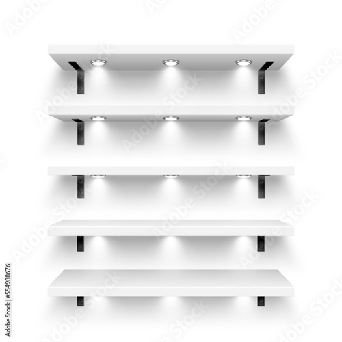 Realistic white store shelves with wall mount and lighting, spotlights. Empty product shelf, grocery wall rack. Mall and supermarket furniture, bookshelf. Modern interior design. Vector illustration