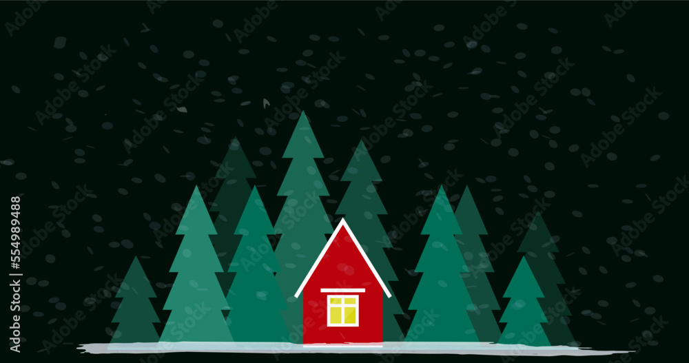 A cozy red house on the edge of the forest among the spruces. It's night and snowing outside. Christmas vector illustration.
A cozy red house on the edge of the forest among the spruces. It's night and snowing outside. Christmas vector illustration.