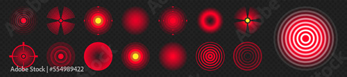 Pain localization marks. Painful area, aching spot. Red circles, targets. Headache, bruised body part marker. Back, neck, muscle pain symbol. Healthcare ad, medical information. Vector illustration.