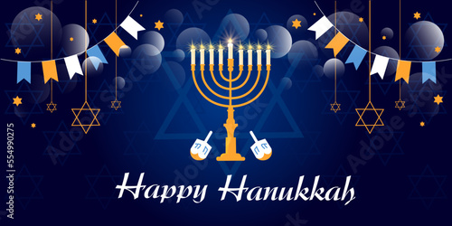 Greeting card for Happy Hanukkah on dark blue background