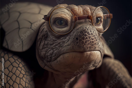 Old cute small turtle wearing glasses, bad eyesight, dark background, illustration ai digital art style © Luc.Pro