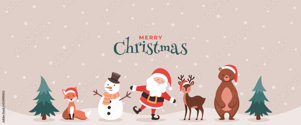 Merry Christmas animals, snowman and Santa Claus background Merry Christmas animals, snowman and Santa Claus background