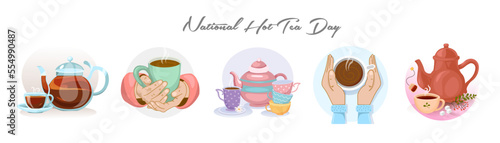 Set of hot tea on white background. International Hot Tea Day