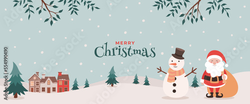 Merry Christmas village, snowman and Santa Claus background